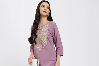 Lavender Kurta Set with Embroidered Trousers and Printed Dupatta