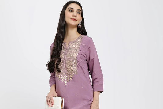Lavender Kurta Set with Embroidered Trousers and Printed Dupatta