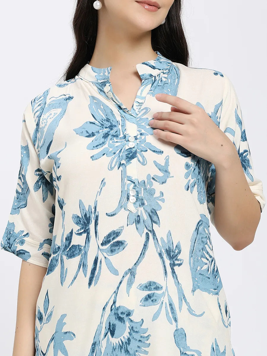 Off-White and Blue Floral Printed Co-ord Set with Kurta and Pants