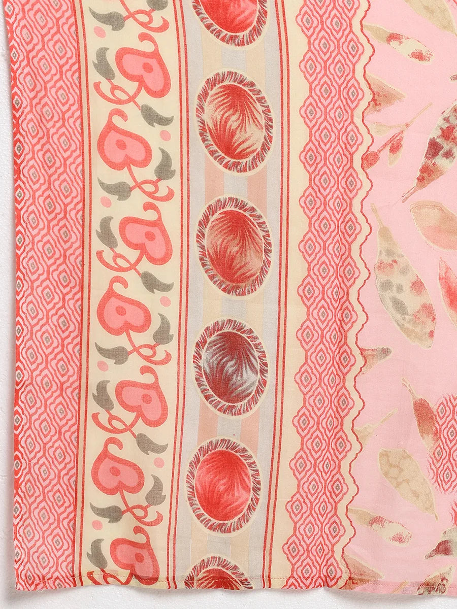 Peach Printed Straight Kurta Set with Matching Dupatta and Pants