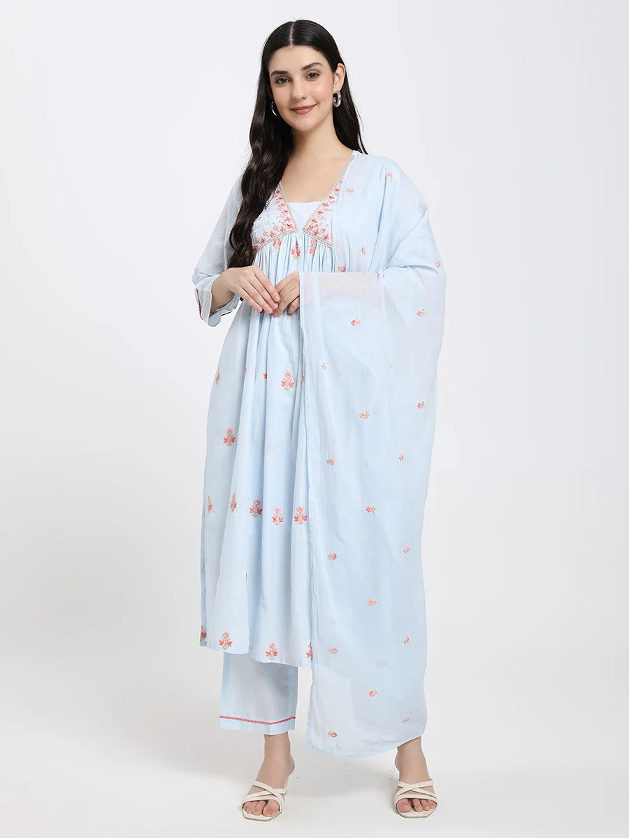 Elegant Sky-Blue Cotton Suit Set with Floral Embroidery and Dupatta