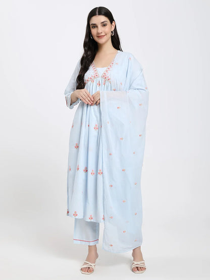 Elegant Sky-Blue Cotton Suit Set with Floral Embroidery and Dupatta