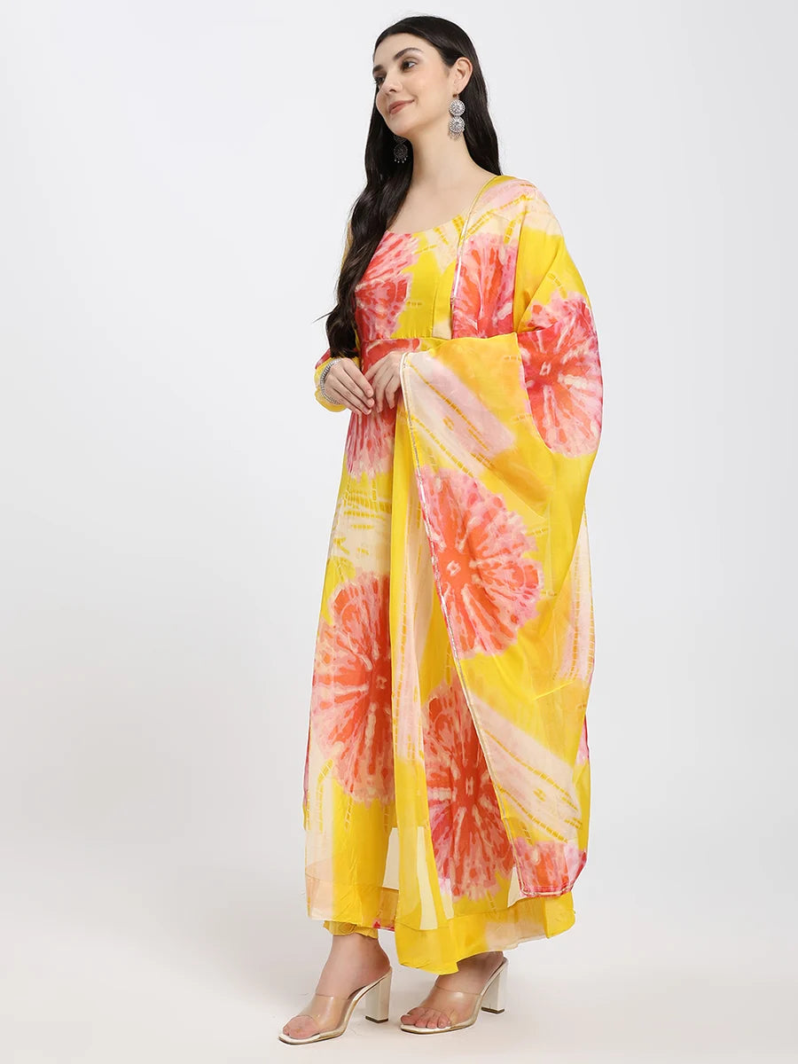 Bright Yellow Anarkali Suit Set with Abstract Floral Print and Dupatta