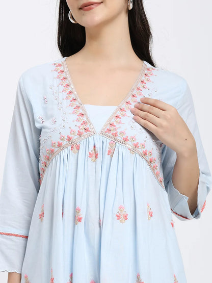 Elegant Sky-Blue Cotton Suit Set with Floral Embroidery and Dupatta