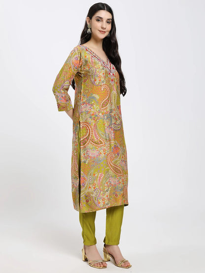 Green Paisley Printed Kurta Set with Matching Dupatta