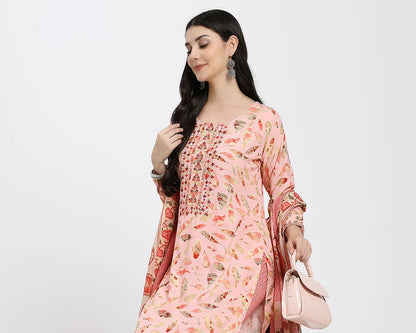 Peach Printed Straight Kurta Set with Matching Dupatta and Pants