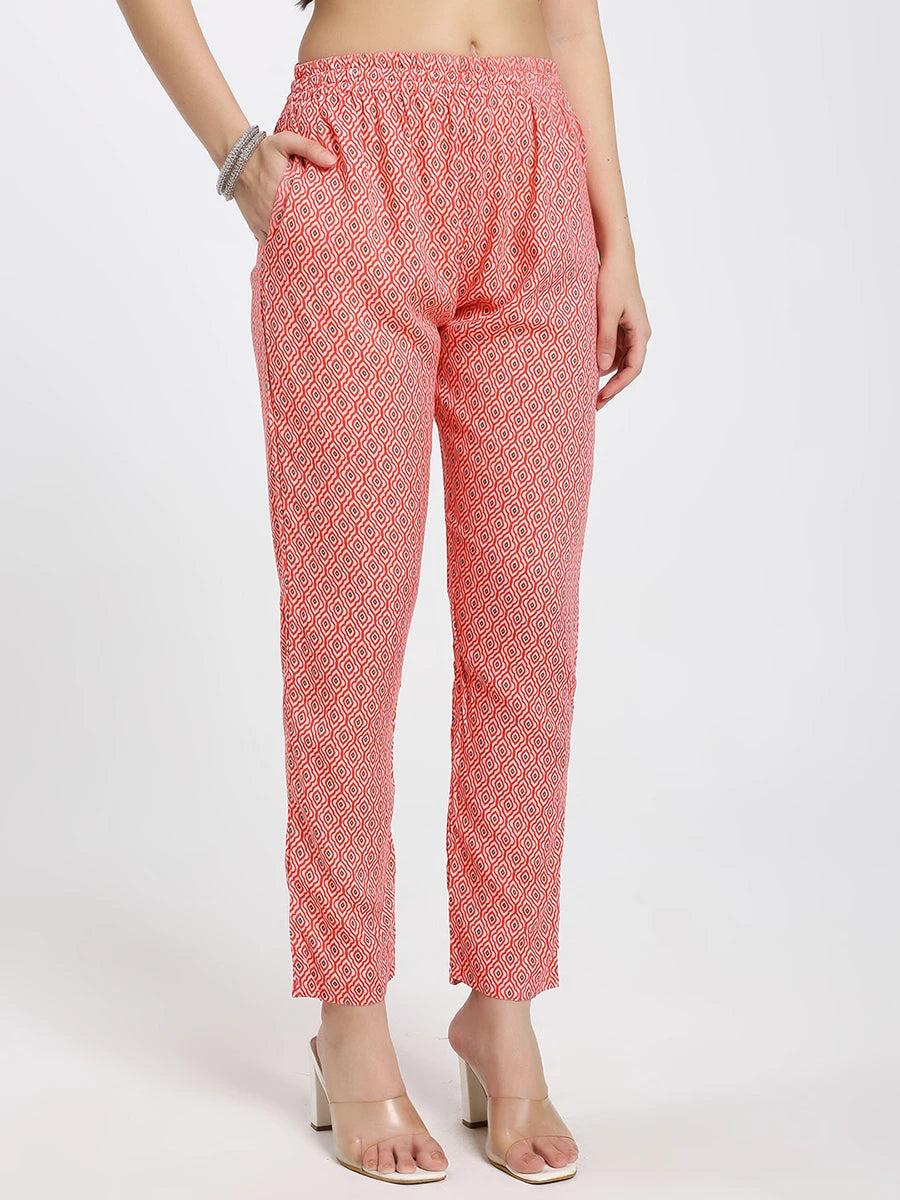 Peach Printed Straight Kurta Set with Matching Dupatta and Pants