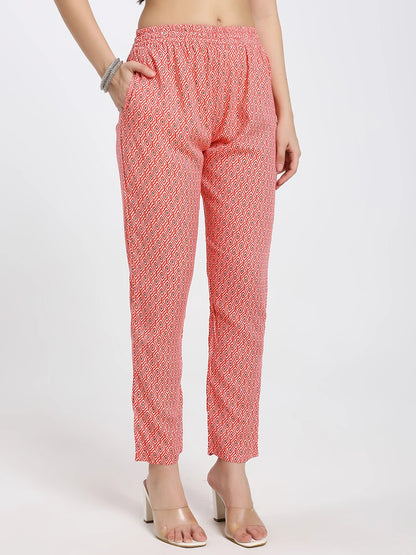 Peach Printed Straight Kurta Set with Matching Dupatta and Pants