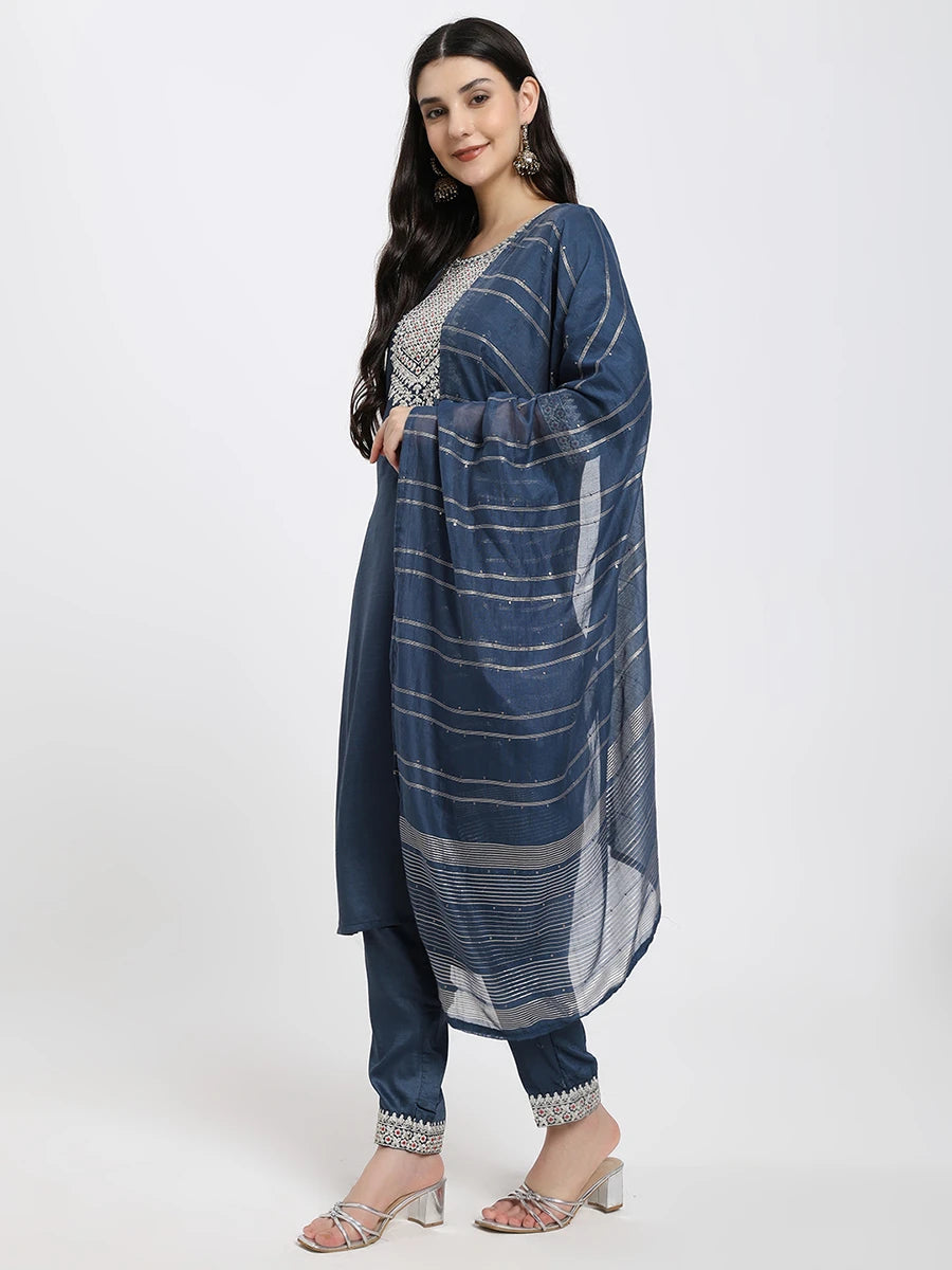 Elegant Navy Blue Embroidered Kurta with Straight Trousers & Striped Dupatta