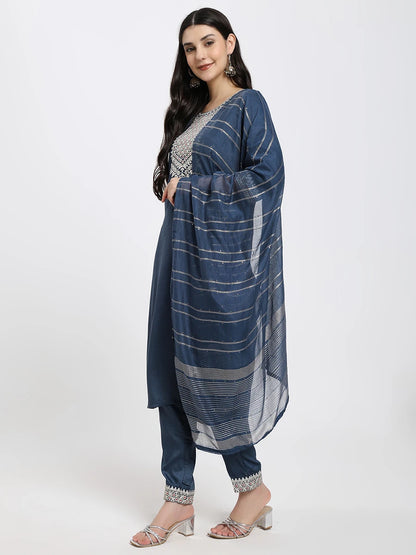 Elegant Navy Blue Embroidered Kurta with Straight Trousers & Striped Dupatta