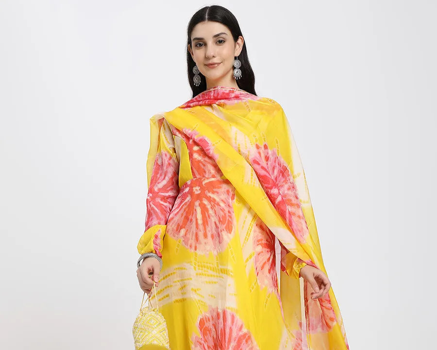 Bright Yellow Anarkali Suit Set with Abstract Floral Print and Dupatta