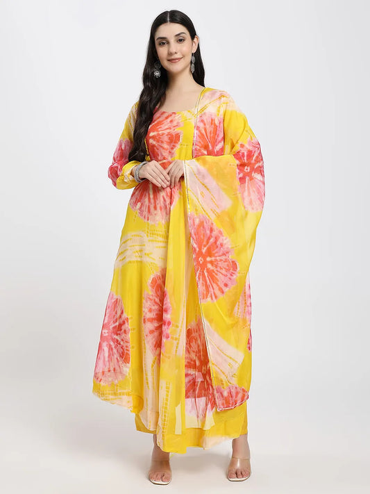 Bright Yellow Anarkali Suit Set with Abstract Floral Print and Dupatta