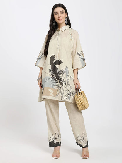 Beige Printed Co-ord Set with Abstract Floral Design