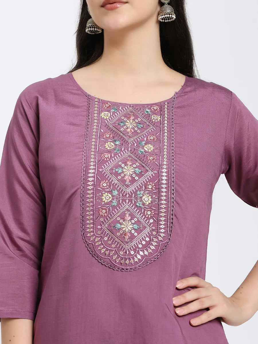 Elegant Purple Embroidered Kurta Set with Printed Dupatta