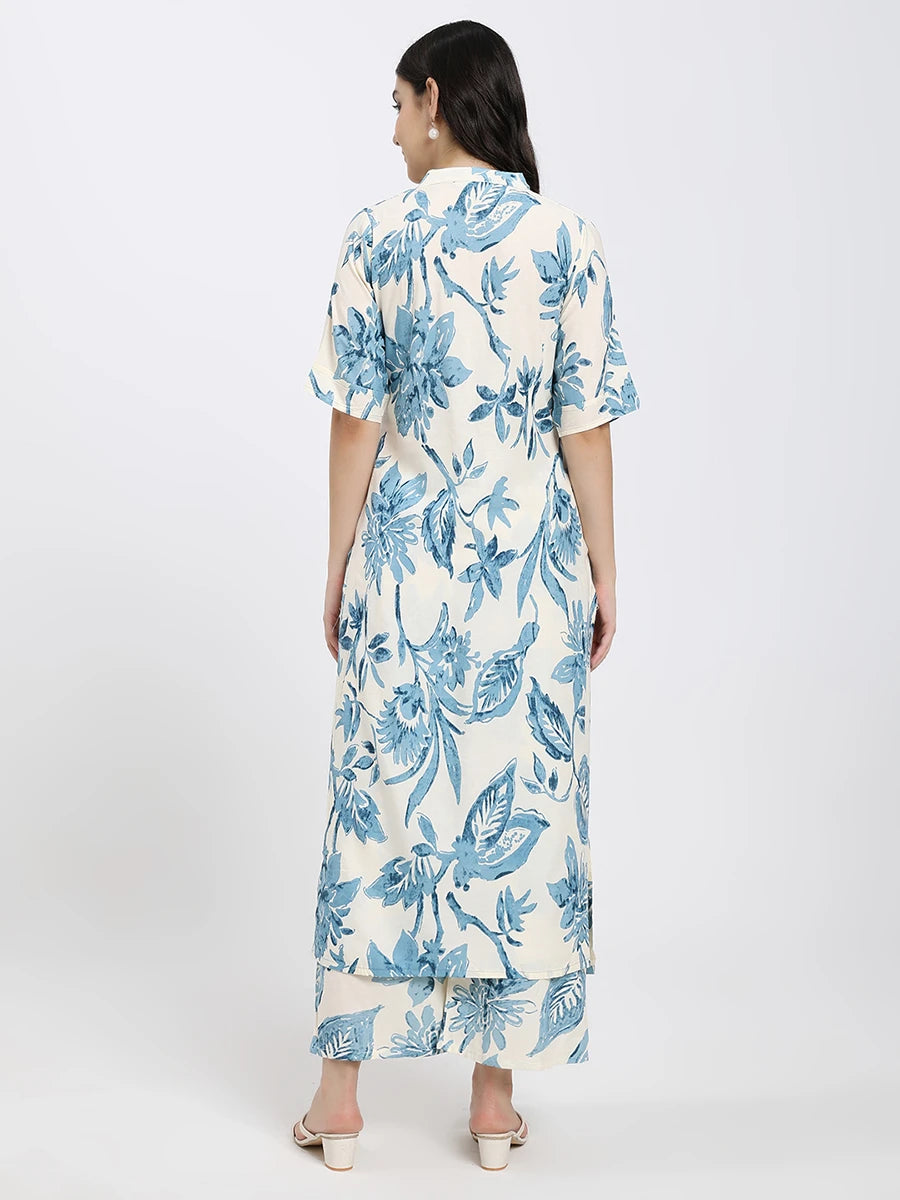 Off-White and Blue Floral Printed Co-ord Set with Kurta and Pants