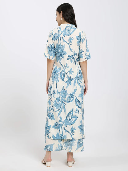 Off-White and Blue Floral Printed Co-ord Set with Kurta and Pants