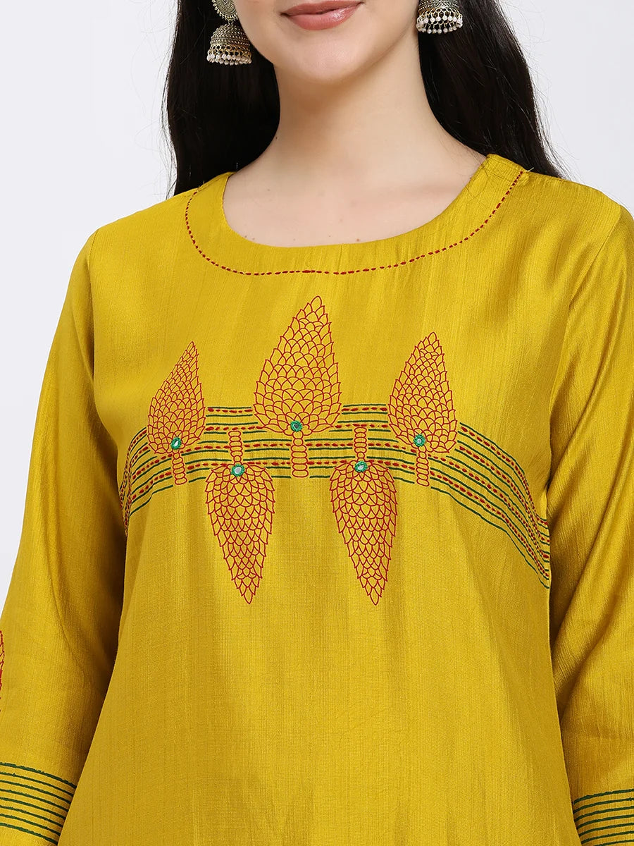 Mustard Yellow Embroidered Kurta Set with Contrasting Red Printed Dupatta