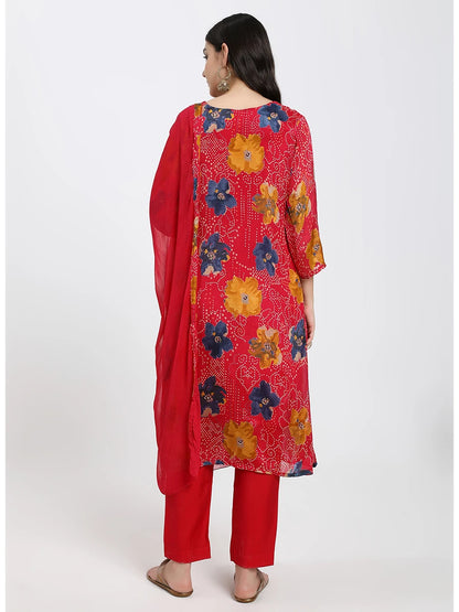 Pink Floral Printed Kurta with Straight Trousers & Solid Dupatta
