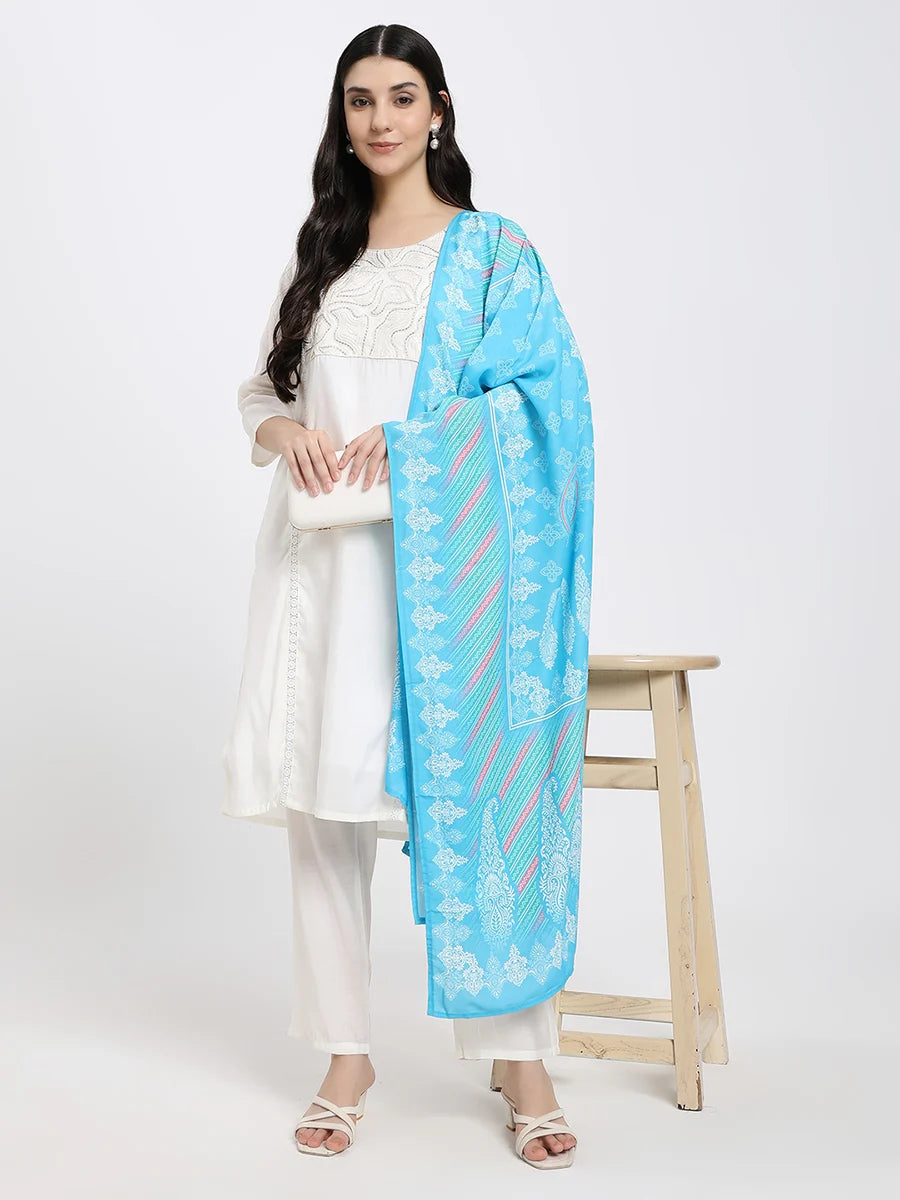 White Embroidered Kurta Set with Blue Printed Dupatta