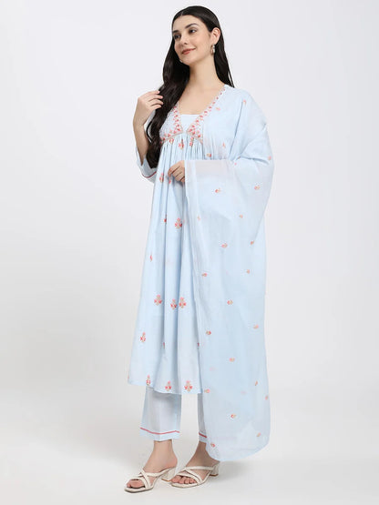 Elegant Sky-Blue Cotton Suit Set with Floral Embroidery and Dupatta