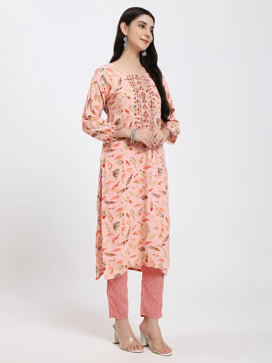 Peach Printed Straight Kurta Set with Matching Dupatta and Pants