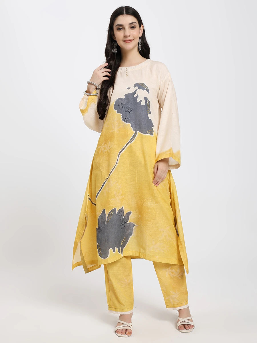 Beige & Mustard Abstract Floral Straight Kurta Set