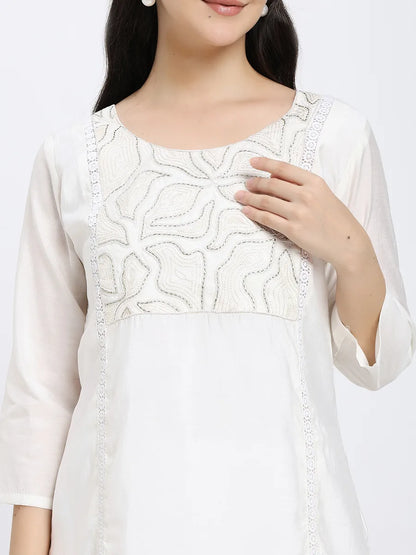 White Embroidered Kurta Set with Blue Printed Dupatta