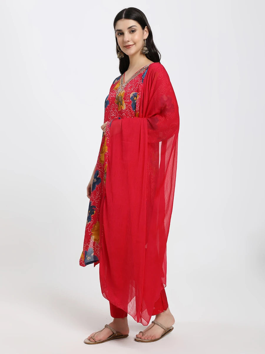 Pink Floral Printed Kurta with Straight Trousers & Solid Dupatta