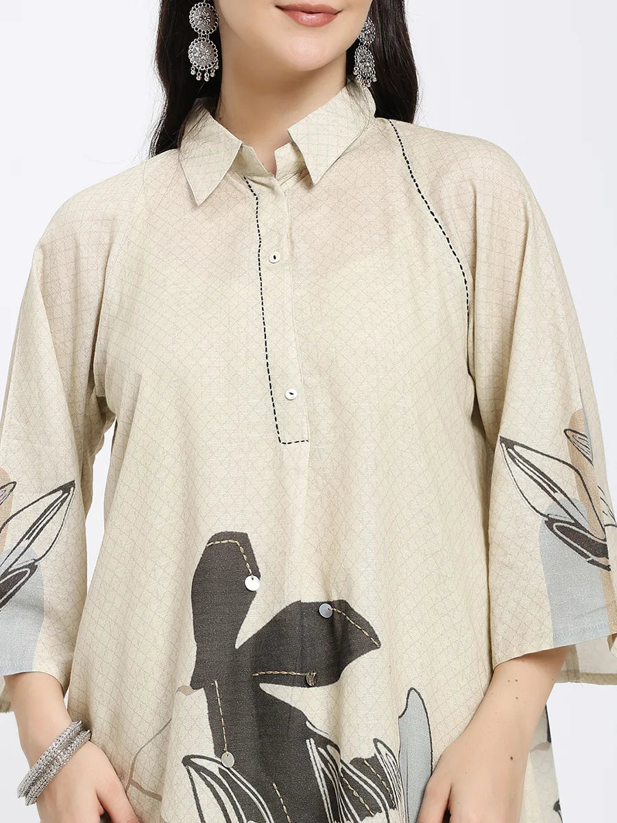 Beige Printed Co-ord Set with Abstract Floral Design