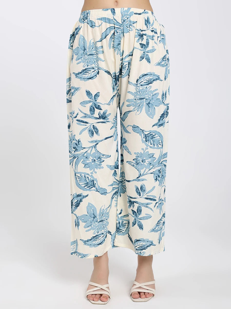 Off-White and Blue Floral Printed Co-ord Set with Kurta and Pants