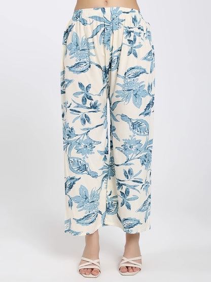 Off-White and Blue Floral Printed Co-ord Set with Kurta and Pants
