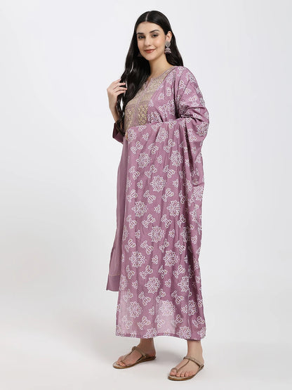 Lavender Kurta Set with Embroidered Trousers and Printed Dupatta