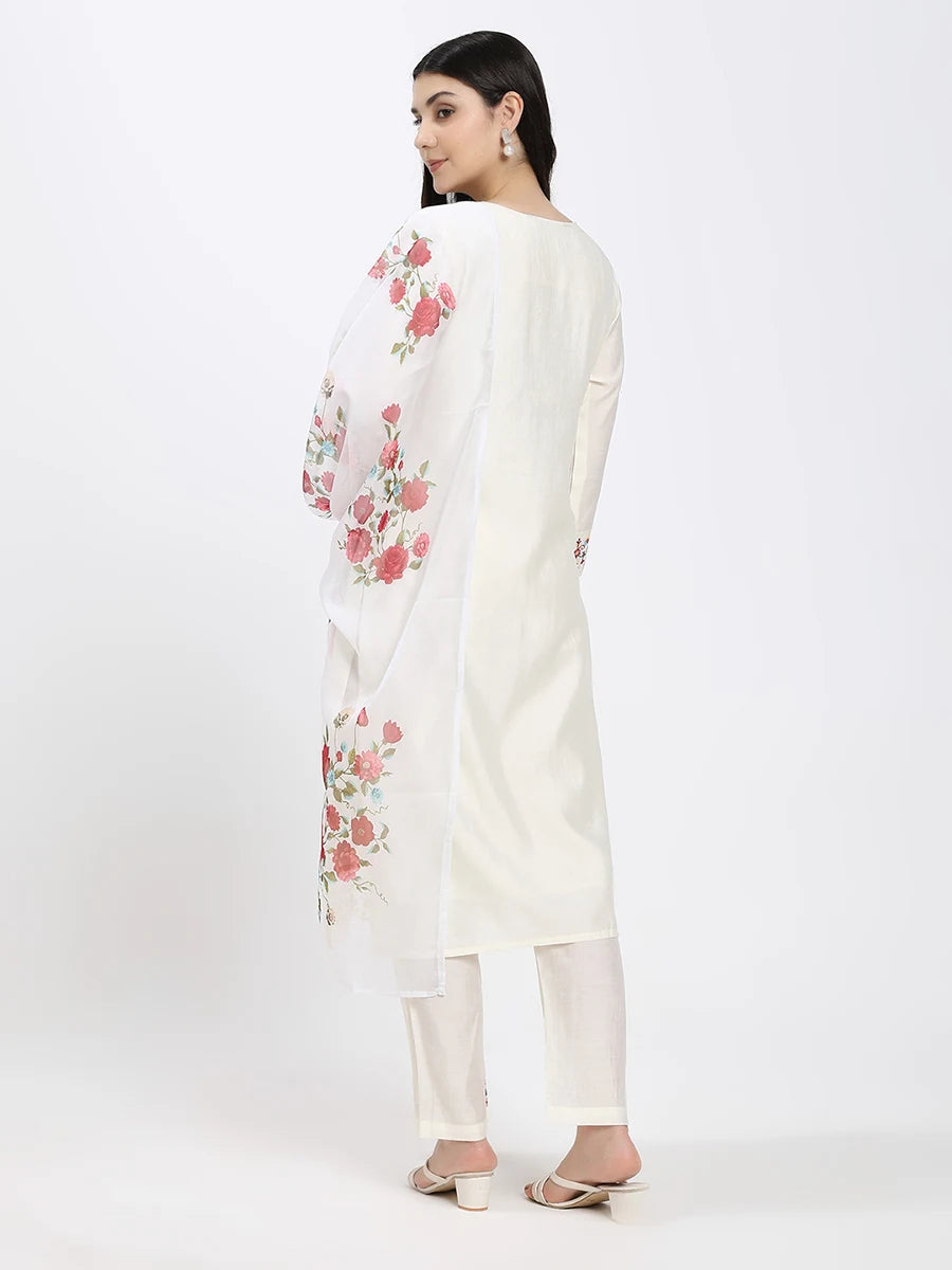 Silk blend Off-White Embroidered Straight Suit Set with Floral Dupatta