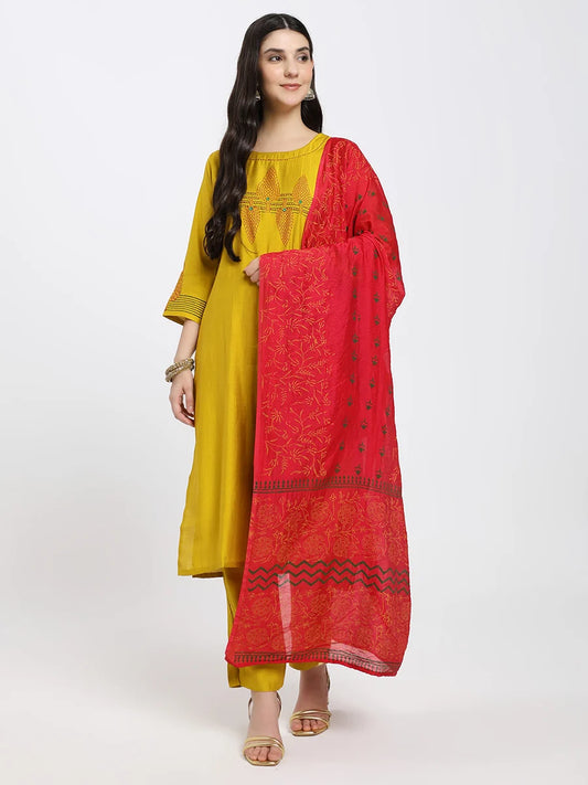 Mustard Yellow Embroidered Kurta Set with Contrasting Red Printed Dupatta