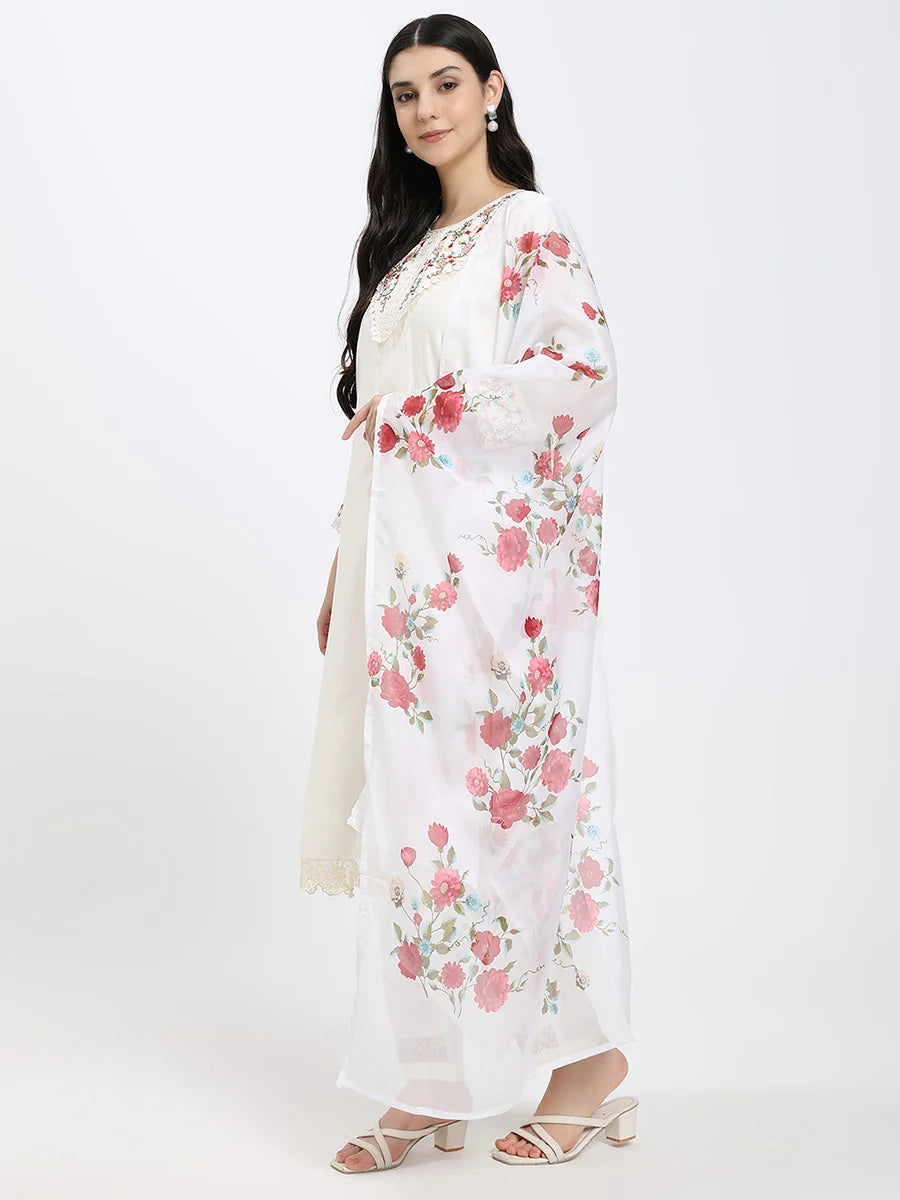 Silk blend Off-White Embroidered Straight Suit Set with Floral Dupatta