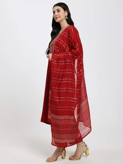 Elegant Red Embroidered Kurta Set with Dupatta – A Perfect Blend of Tradition & Style