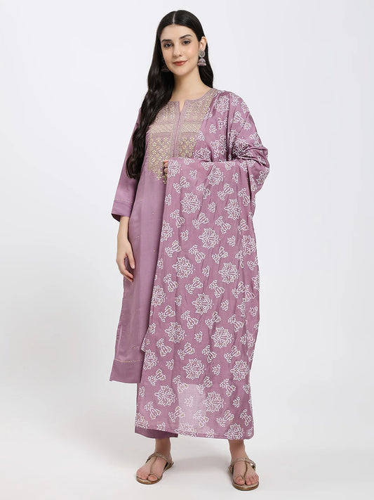 Lavender Kurta Set with Embroidered Trousers and Printed Dupatta
