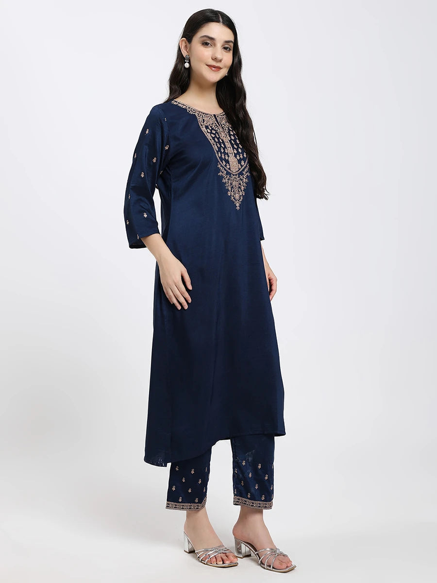 Navy Blue Embroidered Kurta Set with Light Blue Dupatta