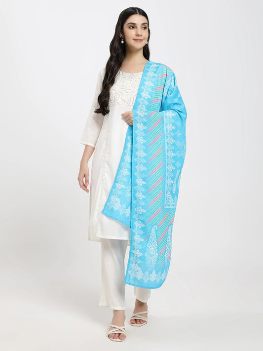 White Embroidered Kurta Set with Blue Printed Dupatta