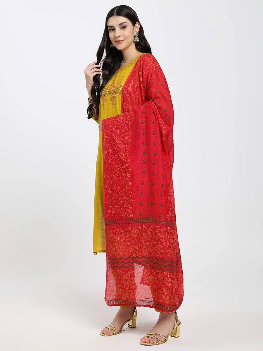 Mustard Yellow Embroidered Kurta Set with Contrasting Red Printed Dupatta