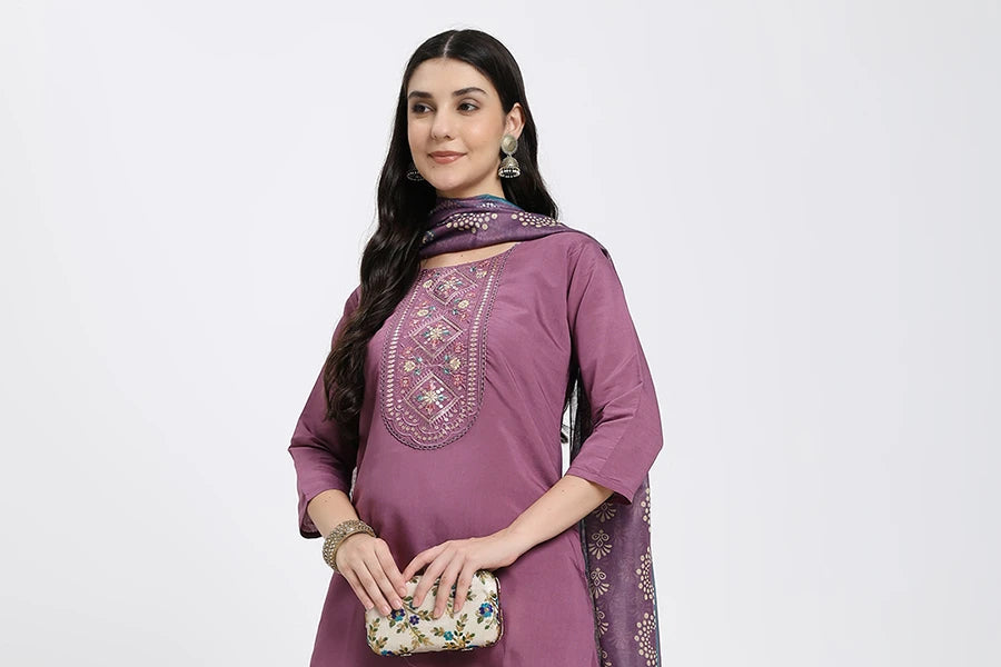 Elegant Purple Embroidered Kurta Set with Printed Dupatta