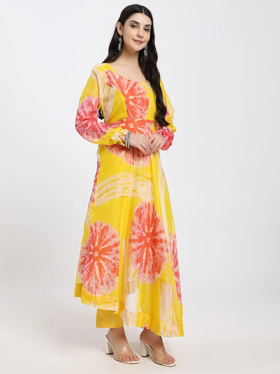 Bright Yellow Anarkali Suit Set with Abstract Floral Print and Dupatta
