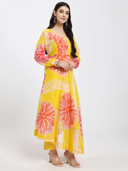 Bright Yellow Anarkali Suit Set with Abstract Floral Print and Dupatta