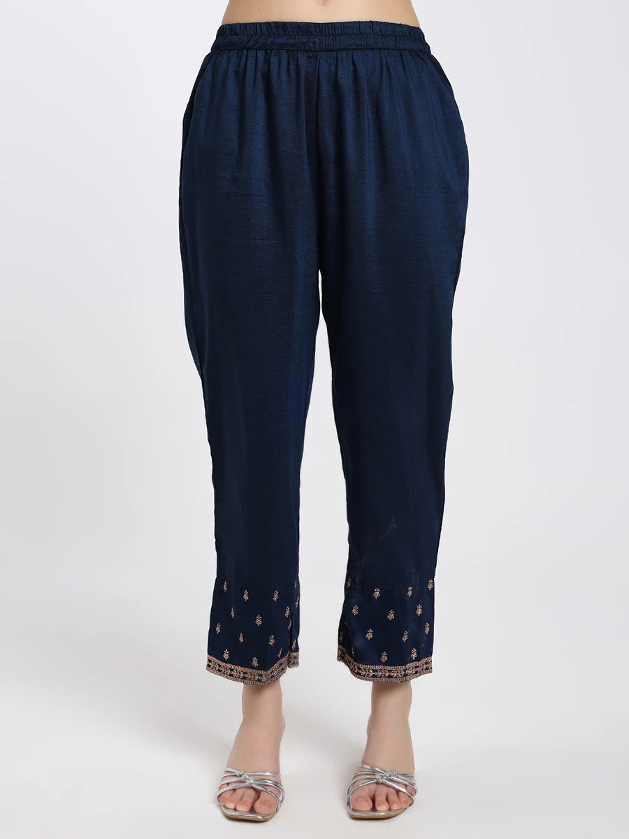 Navy Blue Embroidered Kurta Set with Light Blue Dupatta