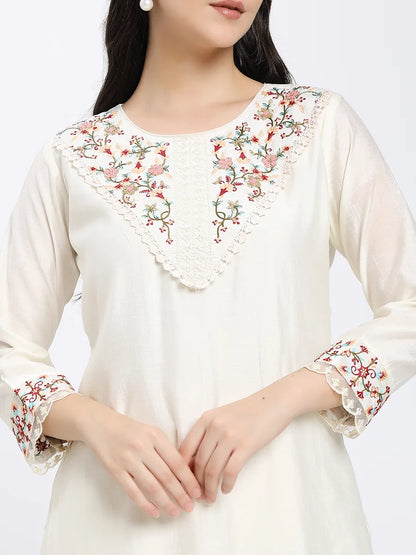 Silk blend Off-White Embroidered Straight Suit Set with Floral Dupatta