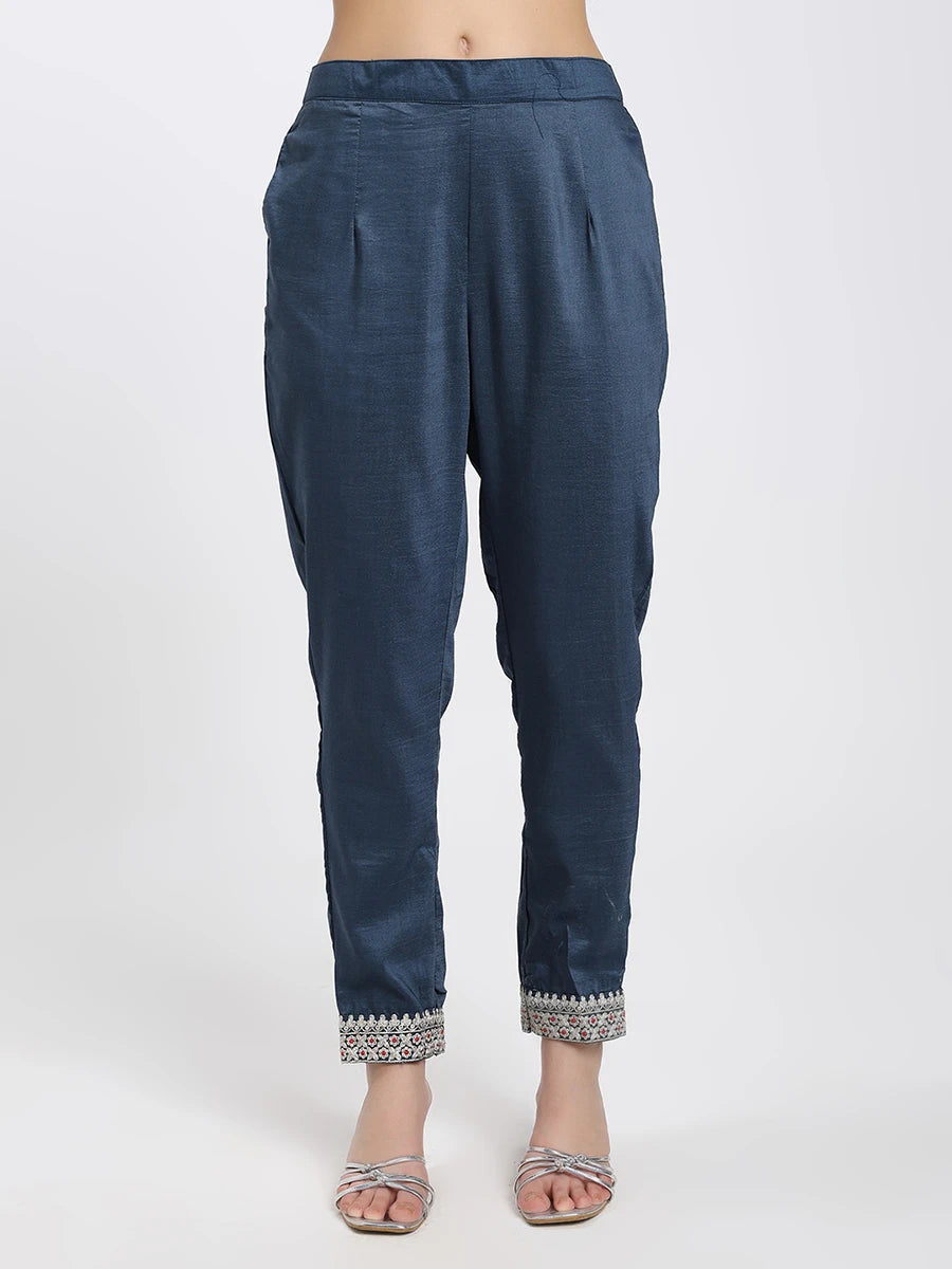 Elegant Navy Blue Embroidered Kurta with Straight Trousers & Striped Dupatta