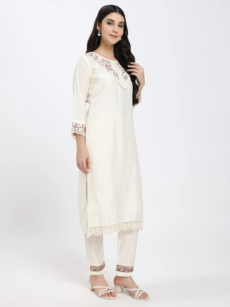 Silk blend Off-White Embroidered Straight Suit Set with Floral Dupatta