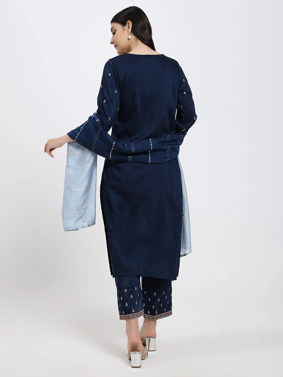 Navy Blue Embroidered Kurta Set with Light Blue Dupatta