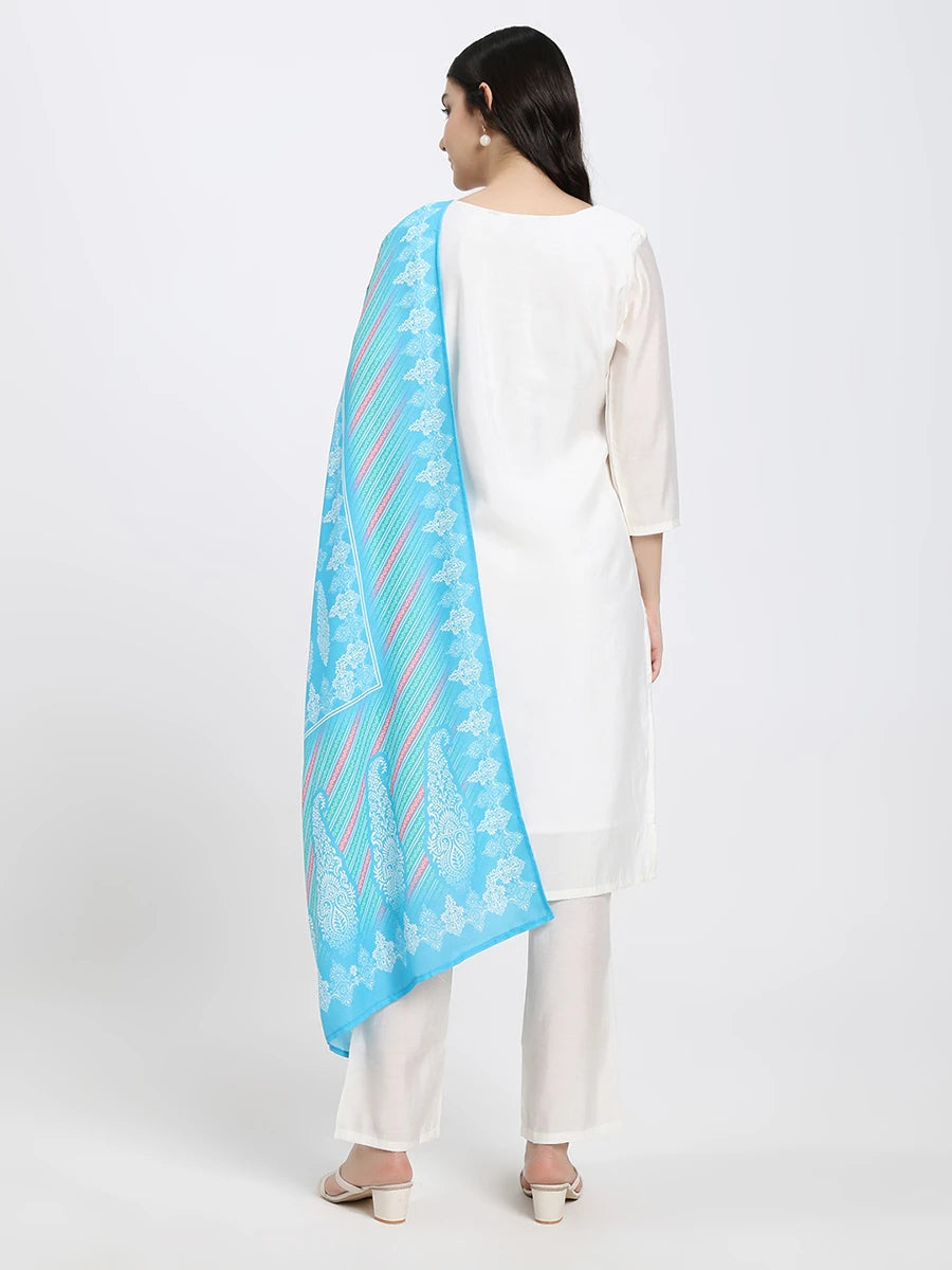 White Embroidered Kurta Set with Blue Printed Dupatta