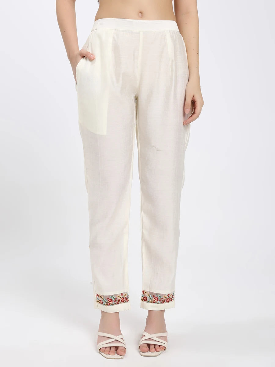 Silk blend Off-White Embroidered Straight Suit Set with Floral Dupatta